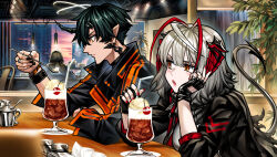 Rule 34 | 1boy, 1girl, 1other, absurdres, antenna hair, arknights, black gloves, black jacket, black nails, ceiling light, cherry, cola, commentary, curtains, demon tail, doctor (arknights), eating, flamebringer (arknights), food, fruit, glass, gloves, grey hair, highres, holding, holding food, holding ice cream, horns, ice, ice cream, ice cream spoon, ice cube, indoors, jacket, leather, leather gloves, material growth, medium hair, open mouth, oripathy lesion (arknights), plant, pointy ears, red horns, red nails, restaurant, rhodes island logo (arknights), shirt, slit pupils, soda, spoon, table, tail, tissue box, w (arknights), white shirt, yellow eyes, yotaro