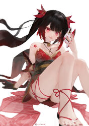 Rule 34 | 1girl, artist name, bare legs, bare shoulders, bell, black choker, black gloves, black hair, black sash, blurry, breasts, choker, depth of field, detached sleeves, dress, facial mark, flower tattoo, fox mask, gloves, highres, holding, holding mask, honkai: star rail, honkai (series), jingle bell, knees up, legs, long hair, looking at viewer, mask, multicolored hair, nail polish, neck bell, o-ring, obi, parted lips, pink eyes, red dress, red eyes, red hair, red nails, red ribbon, ribbon, sandals, sash, single glove, sitting, small breasts, smile, solo, sparkle (honkai: star rail), streaked hair, tattoo, thighs, toenail polish, toenails, toes, twintails, twitter username, unworn mask, very long hair, white background, zeradok