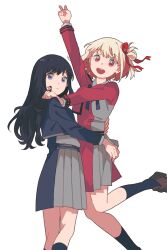 Rule 34 | 2girls, arm up, black hair, black socks, blonde hair, bow, bowtie, brown footwear, closed mouth, coat, commentary, dou (mame eee), hair bow, highres, hug, inoue takina, kneehighs, loafers, long hair, long sleeves, lycoris recoil, lycoris uniform, multiple girls, nishikigi chisato, open mouth, outstretched arm, purple eyes, red coat, red eyes, shirt, shoes, short hair, simple background, smile, socks, v, white background, white shirt