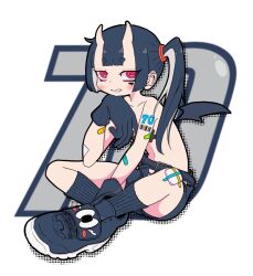 Rule 34 | 1girl, arm tattoo, bandaid, bandaid on arm, bandaid on knee, bandaid on leg, barcode, barcode tattoo, belt, cross pasties, demon girl, demon horns, demon wings, drop shadow, full body, gloves, grey footwear, grey gloves, grey hair, grey shorts, grey socks, grin, hand up, highres, horns, indian style, long hair, looking at viewer, nao97122, open clothes, open shorts, original, pasties, red eyes, ribbed socks, shoes, shorts, side ponytail, sitting, smile, sneakers, socks, solo, tattoo, topless, white background, wings