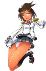 Rule 34 | 10s, 1girl, :d, absurdres, black skirt, black socks, blush, brown eyes, brown hair, cosplay, dark-skinned female, dark skin, epaulettes, frilled sleeves, frills, full body, gloves, grey footwear, hair ornament, hat, highres, i-401 (kancolle), kantai collection, kashima (kancolle), kashima (kancolle) (cosplay), long sleeves, looking at viewer, military, military uniform, mini hat, open mouth, panties, pink panties, pleated skirt, ponytail, red ribbon, ribbon, shoes, simple background, skirt, smile, socks, solo, underwear, uniform, uno ryoku, white background, white gloves