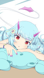Rule 34 | 1girl, animal ears, blue hair, blunt bangs, blush, commentary request, delmin (show by rock!!), fingernails, flower, hair flower, hair ornament, highres, horns, long hair, looking at viewer, lying, nail polish, on stomach, pink nails, red eyes, show by rock!!, solo, tail, thick eyebrows, tottotonero