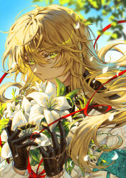Rule 34 | 1boy, armband, baby&#039;s-breath, black gloves, black shirt, blonde hair, bouquet, coat, day, flower, gloves, green eyes, hair between eyes, highres, holding, holding bouquet, honkai: star rail, honkai (series), leaf, light smile, lily (flower), long hair, long sleeves, looking at viewer, luocha (honkai: star rail), lux arts, male focus, parted lips, red ribbon, ribbon, shirt, solo, upper body, white coat, white flower, white lily