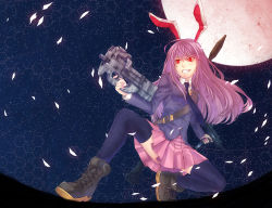 Rule 34 | 1girl, animal ears, ankle boots, black thighhighs, boots, bullpup, crescent, cross-laced footwear, deras, dual wielding, female focus, full moon, grin, gun, high-explosive anti-tank (warhead), holding, lace-up boots, long hair, machine pistol, man-portable anti-tank systems, moon, necktie, night, night sky, on one knee, p90, personal defense weapon, pleated skirt, purple hair, rabbit ears, red eyes, red moon, reisen udongein inaba, rocket-propelled grenade, rocket (projectile), rocket launcher, rpg, rpg-7, rpg (weapon), skirt, sky, smile, solo, star (sky), starry sky, submachine gun, thighhighs, touhou, uzi, weapon