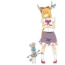 Rule 34 | 2girls, animal ears, blonde hair, bow, bowtie, crossed arms, female focus, grey eyes, horns, ibuki suika, multiple girls, murata (kendou), nazrin, odoru, oni, red bow, red bowtie, short hair, simple background, size difference, standing, stick, touhou, white background