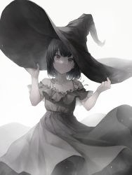 Rule 34 | 1girl, :&lt;, absurdres, black dress, black eyes, black hair, black hat, brown eyes, closed mouth, commentary, crystalherb, dress, hat, head tilt, highres, light frown, limited palette, looking at viewer, original, short hair, simple background, solo, spaghetti strap, symbol-only commentary, white background, white dress, witch hat