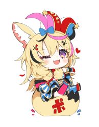 Rule 34 | 1girl, ;d, absurdres, ahoge, animal ear fluff, animal ears, asymmetrical footwear, asymmetrical legwear, blonde hair, blue thighhighs, blush, bow, chibi, dress, facial mark, fox ears, fox tail, gloves, hair bow, hair ornament, hat, heart, highres, hololive, jester cap, kou mashiro, long hair, mismatched footwear, mismatched legwear, multicolored hair, omaru polka, omaru polka (1st costume), one eye closed, open mouth, purple eyes, red gloves, red thighhighs, shoes, simple background, single glove, smile, solo, star (symbol), streaked hair, striped clothes, striped dress, tail, thighhighs, very long hair, virtual youtuber, white background, x hair ornament
