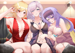 Rule 34 | 3girls, armpits, babydoll, black bow, black panties, blonde hair, blue eyes, blue nails, bow, braid, breasts, collarbone, colored inner hair, crossed legs, dress, grey hair, hair between eyes, hand on own stomach, heart, heart-shaped pupils, hololive, hololive indonesia, jewelry, kaela kovalskia, landacdeus, large breasts, light, long hair, moona hoshinova, multicolored hair, multiple girls, necklace, one eye closed, panties, panty straps, pavolia reine, peacock feathers, plunging neckline, purple eyes, purple hair, red dress, red eyes, short hair, side-tie dress, sitting, sleep mask, star (symbol), symbol-shaped pupils, underwear, virtual youtuber