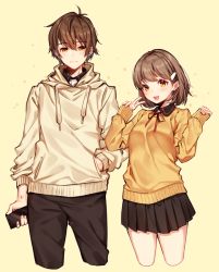 Rule 34 | 1boy, 1girl, :d, black pants, black skirt, blush, breasts, brown hair, brown hoodie, cellphone, closed mouth, cropped legs, drawstring, hair ornament, hairclip, hand in pocket, height difference, holding, holding phone, hood, hood down, hoodie, long sleeves, looking at viewer, miniskirt, moyui (myi 005), neck ribbon, open mouth, orange background, orange eyes, original, pants, phone, pleated skirt, red ribbon, ribbon, skirt, sleeves past wrists, small breasts, smartphone, smile, star (symbol), starry background, sweater, v, yellow sweater
