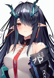 Rule 34 | 1girl, aqua hair, arknights, black hair, black jacket, breasts, diieru, dragon horns, dress, dusk (arknights), earrings, hair over one eye, highres, horns, jacket, jewelry, large breasts, long hair, multicolored hair, necktie, open clothes, open jacket, pointy ears, red eyes, red necktie, simple background, solo, upper body, white dress
