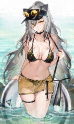 Rule 34 | 1girl, absurdres, alternate costume, arknights, bare shoulders, bikini, black bikini, black choker, black hat, blush, breasts, choker, cleavage, collarbone, grey hair, hair between eyes, hat, highres, innertube, large breasts, long hair, looking at viewer, navel, outdoors, paid reward available, parted lips, partially submerged, ponytail, qiandaiyiyu, revision, schwarz (arknights), see-through, see-through skirt, skirt, solo, standing, stomach, swim ring, swimsuit, thigh gap, thigh strap, thighs, visor cap, water, yellow eyes, yellow skirt