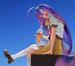 Rule 34 | 1girl, ahoge, blue eyes, blue hair, blush, bottle, drinking straw, glass bottle, gradient hair, hair between eyes, heart, heart-shaped pupils, highres, holding, holding bottle, kneehighs, loafers, long hair, looking at viewer, multicolored hair, open mouth, original, pink hair, pink pupils, pleated skirt, purple hair, sailor collar, school uniform, serafuku, shoes, short sleeves, sitting, skirt, socks, solo, stuffed toy, stuffed whale, symbol-shaped pupils, very long hair, white socks, yellow sailor collar, yellow skirt, yexianchtun