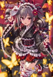 Rule 34 | 1girl, :d, bug, butterfly, drill hair, fox mask, gothic lolita, grey hair, hairband, high heels, highres, idolmaster, idolmaster cinderella girls, insect, japanese clothes, kanzaki ranko, kimono, lolita fashion, lolita hairband, looking at viewer, mask, nail polish, oil-paper umbrella, open mouth, purple eyes, red nails, smile, solo, standing, standing on one leg, thighhighs, twin drills, umbrella, urabi (tomatohouse), white thighhighs