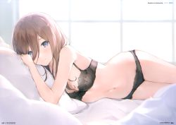Rule 34 | 1girl, 6u (eternal land), absurdres, bare arms, bare shoulders, bed, bed sheet, black bra, black panties, blue eyes, blush, bra, breasts, brown hair, character name, copyright name, day, go-toubun no hanayome, hair between eyes, highres, indoors, looking at viewer, lying, medium breasts, nakano miku, navel, on stomach, page number, panties, pillow, scan, solo, stomach, thighs, underwear, underwear only, window