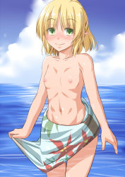 Rule 34 | 1girl, :&gt;, alternate costume, beach, blonde hair, blush, breasts, clothes lift, day, flat chest, green eyes, looking at viewer, mizuhashi parsee, navel, nipples, pointy ears, sarong, smile, solo, standing, topless, touhou, umarutsufuri