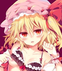 Rule 34 | 1girl, bare shoulders, black bra, blonde hair, blush, bow, bra, breasts, clenched hand, collarbone, commentary request, fangs, flandre scarlet, frilled bra, frills, hair between eyes, hair bow, hand up, hat, hat ribbon, head tilt, highres, jewelry, lace, lace-trimmed hat, lace trim, maturiuta sorato, nail polish, off shoulder, one side up, parted lips, pink hat, pink nails, pointy ears, red background, red bow, red eyes, red ribbon, ribbon, ring, shirt, short hair, simple background, small breasts, smile, solo, touhou, underwear, upper body, white shirt, wrist cuffs