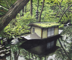 Rule 34 | boat, building, colored pencil (medium), commentary request, dated, day, forest, hayashi ryouta, nature, no humans, original, outdoors, pond, scenery, signature, traditional media, tree, water, watercraft
