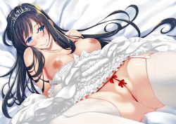 Rule 34 | 1girl, absurdres, akino sora, bed, black hair, blue eyes, blush, breasts, cleft of venus, dress, garter straps, hair ornament, highres, jewelry, lingerie, long hair, lying, necklace, nipples, no bra, original, pearl necklace, pussy, ribbon, smile, solo, spread legs, thighhighs, thong, tiara, underwear, wedding dress