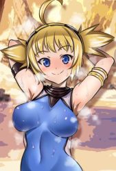 Rule 34 | 10s, 1girl, ahoge, armlet, armpits, arms behind head, blonde hair, blue eyes, blush, breasts, covered navel, goggles, goggles on head, granblue fantasy, large breasts, looking at viewer, pengie, short hair, short twintails, smile, solo, steam, sweat, twintails, upper body, yasui riosuke