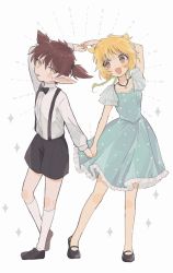 Rule 34 | 1boy, 1girl, black footwear, blonde hair, blue dress, bow, bowtie, braid, brown hair, dress, fong pudding, formal, gloves, holding hands, magical girl, mary janes, nuka (nukamochi), official alternate costume, open mouth, pointy ears, shoes, short hair, short twintails, shorts, tart (tokyo mew mew), tokyo mew mew, tongue, tongue out, twintails