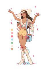 Rule 34 | 1girl, alternate costume, artist name, bag, black hair, blush, book, bustier, coffee cup, commentary, cup, dark-skinned female, dark skin, disposable cup, english commentary, extra arms, falling petals, floral print, floral print boots, floral print bustier, full body, grin, hana hana no mi, hat, highres, holding, holding cup, long hair, morilatte art, nico robin, one piece, petals, see-through, shorts, shoulder bag, simple background, smile, solo, sun hat, white background, white hat, wide brim
