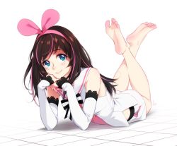 Rule 34 | 1girl, bare shoulders, barefoot, blue eyes, blush, brown hair, buttons, closed mouth, commentary, detached sleeves, english commentary, feet, feguimel, hairband, head tilt, kizuna ai, kizuna ai inc., long hair, long sleeves, looking at viewer, lying, multicolored hair, on stomach, sailor collar, shorts, smile, soles, solo, streaked hair, the pose, toes, virtual youtuber, white shorts