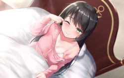 Rule 34 | 1girl, alternate costume, alternate hairstyle, azur lane, bed, bed sheet, black hair, blush, bra, breasts, cleavage, collarbone, commentary request, commission, furrowed brow, glasgow (azur lane), green eyes, highres, lens flare, long hair, long sleeves, medium breasts, off shoulder, on bed, one eye closed, pajamas, pillow, pink bra, pink pajamas, rama (yu-light8), rubbing eyes, sitting, skeb commission, solo, underwear, waking up, wavy mouth