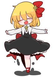 Rule 34 | 1girl, black dress, blonde hair, collared shirt, cross, dress, closed eyes, fang, hair ribbon, highres, latin cross, op na yarou, open mouth, outstretched arms, red neckwear, red ribbon, ribbon, rumia, sash, shirt, short hair, simple background, solo, spread arms, touhou, white background, white shirt