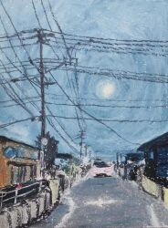 Rule 34 | absurdres, blue sky, building, craypascraypas, highres, night, night sky, no humans, original, painting (medium), path, power lines, road, scenery, sky, town, traditional media, utility pole