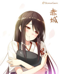 Rule 34 | 10s, 1girl, akagi (kancolle), brown eyes, brown hair, character name, collarbone, hair in own mouth, head tilt, huyukaaki, japanese clothes, kantai collection, long hair, mouth hold, muneate, short sleeves, solo, tasuki, twitter username, white background