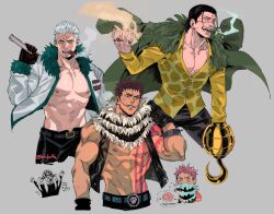 Rule 34 | 3boys, abs, artist name, belt, black hair, black pants, black vest, breasts, charlotte katakuri, cigar, cleavage, crocodile (one piece), fur trim, green jacket, highres, holding, holding weapon, hook hand, jacket, jacket on shoulders, jewelry, large pectorals, multiple boys, multiple rings, muscular, muscular male, nipples, no shirt, one piece, open clothes, open jacket, open mouth, pants, pectorals, red hair, ring, sharp teeth, shirt, short hair, sleeveless, smoke trail, smoker (one piece), smoking, stitched face, stitches, teeth, tirtyturtle, undercut, vest, weapon, white hair, yellow shirt