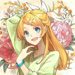 Rule 34 | 1girl, absurdres, aged up, aqua eyes, arm up, blonde hair, bow, commentary, daisy, floral background, flower, flower request, green sweater, hair bow, hair ornament, hairclip, highres, huge filesize, kagamine rin, long hair, looking to the side, open mouth, peony (flower), pink flower, red flower, smile, solo, sweater, swept bangs, upper body, vocaloid, watch, white bow, white flower, whiteskyash, wristwatch
