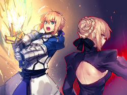 Rule 34 | 2girls, ahoge, aqua eyes, armor, artoria pendragon (fate), back, black dress, blonde hair, breasts, dark persona, dress, excalibur (fate/stay night), fate/stay night, fate (series), gauntlets, highres, holding, holding sword, holding weapon, melon22, multiple girls, open mouth, saber (fate), saber alter, sideboob, sword, teeth, weapon, yellow eyes