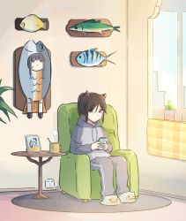 Rule 34 | 2girls, animal ears, blue eyes, brown hair, cactus, cat ears, cat slippers, cellphone, cloud, cloudy sky, cup, electrical outlet, fish, fish costume, grey hair, grey hoodie, hibike! euphonium, highres, holding, holding phone, hood, hoodie, indoors, kasaki nozomi, liz to aoi tori, long hair, lyy, medium hair, mug, multiple girls, pants, phone, photo (object), picture frame, pink eyes, plant, plaque, ponytail, potted plant, rug, sitting, sky, slippers, smartphone, smoke, steam, sweat, sweatdrop, sweatpants, table, tropical fish, yoroizuka mizore