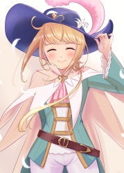 Rule 34 | 1other, adjusting clothes, adjusting headwear, androgynous, ascot, belt, blonde hair, cape, chevalier d&#039;eon (fate), closed eyes, fate/grand order, fate (series), flower, hat, hat flower, highres, mochian, plume, smile