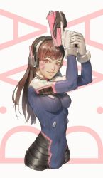 Rule 34 | 1girl, blue bodysuit, bodysuit, breasts, brown eyes, brown hair, character name, commentary, covered navel, cropped legs, d.va (overwatch), facial mark, gloves, gun, handgun, hands up, headphones, highres, holding, looking at viewer, medium breasts, overwatch, overwatch 1, parted lips, pistol, smile, solo, standing, timbougami, trigger discipline, two-handed, weapon, whisker markings, white gloves