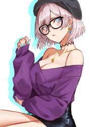 Rule 34 | 1girl, bare shoulders, black hat, black skirt, blue eyes, blush, breasts, cleavage, commentary, dress, earrings, glasses, gridman universe, hat, jewelry, large breasts, long sleeves, looking at viewer, mujina, necklace, official alternate costume, purple dress, risyo, short hair, skirt, sleeveless, sleeveless dress, solo, ssss.dynazenon