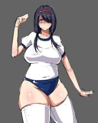 Rule 34 | 1girl, artist request, black hair, blue buruma, blush, breasts, buruma, character request, copyright request, female focus, grey background, hair over one eye, hairband, large breasts, long hair, looking at viewer, low twintails, panties, plump, purple eyes, shirt, short sleeves, simple background, smile, solo, source request, sweat, thick thighs, thighhighs, thighs, twintails, underwear, white shirt, white thighhighs, wide hips