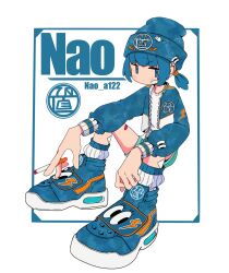 Rule 34 | 1girl, aqua shorts, artist name, bandaid, bandaid on cheek, bandaid on face, bandaid on leg, beanie, blue border, blue eyes, blue footwear, blue hair, blue hat, blue jacket, blue theme, border, cigarette, closed mouth, commentary, dot mouth, full body, hat, highres, holding, holding cigarette, jacket, knees up, long sleeves, looking at viewer, nao97122, open clothes, open jacket, original, outside border, print headwear, print jacket, ribbed socks, shirt, shoes, short twintails, shorts, simple background, sitting, smoking, sneakers, socks, solo, streetwear, symbol-only commentary, twintails, white background, white shirt, white socks, zipper, zipper pull tab