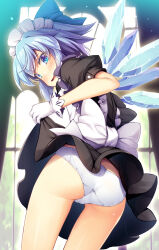 Rule 34 | 1girl, alternate costume, ass, back bow, black dress, blue bow, blue eyes, blue hair, blush, bow, chima q, cirno, cowboy shot, detached wings, dress, enmaided, fairy, from behind, gloves, hair bow, highres, ice, ice wings, looking at viewer, looking back, maid, maid headdress, open mouth, panties, puffy short sleeves, puffy sleeves, short hair, short sleeves, solo, touhou, underwear, white bow, white gloves, white panties, wings