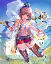 Rule 34 | 1girl, atelier (series), atelier ryza, atelier ryza 1, belt, beret, blue belt, boots, breasts, brown eyes, brown hair, cleavage, cloud, cloudy sky, day, drawstring, field, flask, gloves, grass, hair ornament, hairclip, hat, highres, holding, holding staff, jewelry, looking at viewer, necklace, ogimotozukin, open mouth, pouch, red shorts, reisalin stout, round-bottom flask, short shorts, shorts, skindentation, sky, smile, solo, staff, standing, star (symbol), star necklace, thigh pouch, thighhighs, thighhighs under boots, thighs, vial, white thighhighs