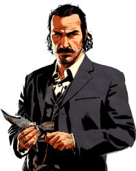 Rule 34 | 1boy, black facial hair, black hair, black jacket, black vest, blood, breast pocket, buttons, closed mouth, collared shirt, combat knife, dutch van der linde, facial hair, fingernails, forehead, formal, hair slicked back, highres, holding, holding knife, holding weapon, jacket, jewelry, knife, lapels, looking at viewer, male focus, mustache, notched lapels, official art, open clothes, open jacket, pocket, red dead redemption 2, ring, serious, shirt, short hair, simple background, solo, stubble, suit, suit jacket, transparent background, upper body, vest, waistcoat, weapon, western comics (style), white shirt, wiping blood