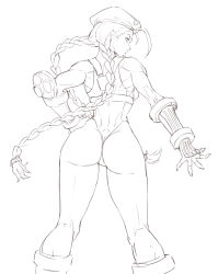 Rule 34 | 1girl, ass, back, braid, cammy white, closed mouth, fingerless gloves, gloves, hand on own hip, hat, highres, leotard, long hair, looking back, ozkh, simple background, sketch, solo, street fighter, twintails, white background