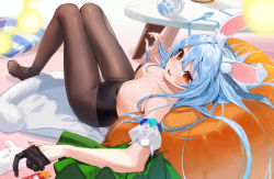 Rule 34 | 1girl, animal ears, blue hair, blush, breasts, carrot-shaped pillow, collarbone, cup, fingernails, from above, from side, gloves, unworn gloves, gotou (nekocat), hair between eyes, hand in own hair, hololive, leotard, long hair, looking at viewer, medium breasts, mug, pantyhose, pillow, playboy bunny, rabbit ears, rabbit girl, rabbit tail, red eyes, sitting, smile, solo, table, tail, thick eyebrows, thigh gap, toenails, toes, usada pekora, usada pekora (1st costume), virtual youtuber