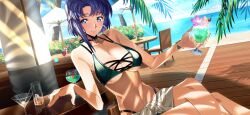 Rule 34 | 1girl, alcohol, artist request, bar (place), bare shoulders, beach, bikini, black choker, blue eyes, blue hair, blue sky, blush, bracelet, breasts, bush, cecile croomy, cherry, choker, cleavage, closed mouth, cocktail glass, code geass, code geass: lost stories, collarbone, crossed legs, cup, dappled sunlight, day, drink, drinking glass, drinking straw, drunk, dutch angle, earrings, female focus, flower, food, fruit, game cg, green bikini, hands up, happy, highleg, highleg bikini, highres, holding, holding drink, holding drinking glass, hoop earrings, horizon, ice, ice cube, jewelry, large breasts, light rays, looking at viewer, matching hair/eyes, multi-strapped bikini top, nail polish, navel, non-web source, ocean, official art, olive, on chair, orange (fruit), orange slice, outdoors, pink flower, red flower, red nails, sarong, short hair, sidelocks, sitting, skindentation, sky, smile, solo, stomach, sunlight, sweat, swimsuit, table, two-tone bikini, underboob, white sarong, wooden floor, yellow flower