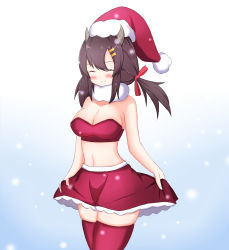 Rule 34 | 1girl, alternate costume, azur lane, bare shoulders, blush, bow, breasts, brown hair, christmas, cleavage, closed eyes, clothes lift, collarbone, fur scarf, fur trim, gradient background, hair between eyes, hair bow, hair ornament, hairclip, hat, highres, horns, large breasts, low twintails, medium hair, midriff, nagara (azur lane), navel, red bow, red skirt, red thighhighs, remingu, santa costume, santa hat, scarf, short twintails, sidelocks, skindentation, skirt, skirt lift, smile, snow, solo, strapless, thighhighs, twintails, white scarf, zettai ryouiki