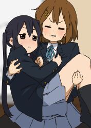 Rule 34 | 2girls, black hair, black socks, blazer, blue skirt, blush, brown eyes, brown hair, buttons, carrying, closed eyes, commentary request, grimace, hair ornament, hairclip, hand on another&#039;s chest, highres, hirasawa yui, jacket, k-on!, kicchi (tmgk), lifting person, long hair, multiple girls, nakano azusa, pantyhose, princess carry, ribbon, sakuragaoka high school uniform, school uniform, short hair, skirt, socks, struggling, sweat, twintails