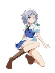 Rule 34 | 1girl, apron, black ribbon, blue dress, blue eyes, blush, boots, bow, braid, breasts, brown footwear, cato (monocatienus), commentary request, cross-laced footwear, dress, green bow, hair between eyes, hair bow, izayoi sakuya, lace-up boots, looking at viewer, maid, maid apron, maid headdress, neck ribbon, petticoat, puffy short sleeves, puffy sleeves, ribbon, shirt, short dress, short hair, short sleeves, silver hair, simple background, small breasts, smile, solo, thigh strap, thighs, touhou, twin braids, v-shaped eyebrows, waist apron, white apron, white background, white shirt