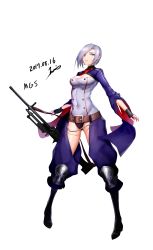 Rule 34 | 1girl, absurdres, artist name, belt, blue eyes, breasts, chaps, character name, cleavage, cleavage cutout, clothing cutout, crotch cutout, dated, full body, girls&#039; frontline, grey hair, gun, highres, holding, holding gun, holding weapon, jai (whany1998), large breasts, looking at viewer, mg5 (girls&#039; frontline), parted lips, revealing clothes, short hair, signature, smile, solo, teeth, weapon