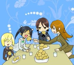 Rule 34 | charlotte e. yeager, chibi, eating, erica hartmann, fang, feeding, food, fork, francesca lucchini, gertrud barkhorn, lowres, military, military uniform, potato, strike witches, twintails, uniform, world witches series